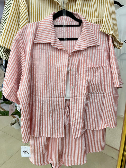 Summer Short Sleeves Strips Shirts With Short and Crop Camisoley